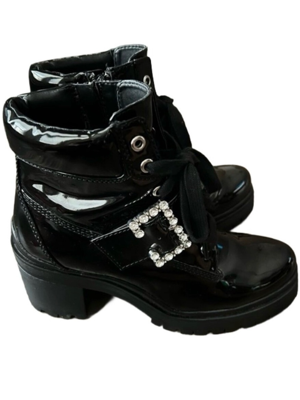 GB by Gianni Bini Black Patent Faux Leather Combat Boots with Rhinestone Buckles